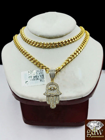 10k Yelow Gold Diamond Hamsa Hand Charm Miami Cuban Link Chain Necklace DISCOUNT