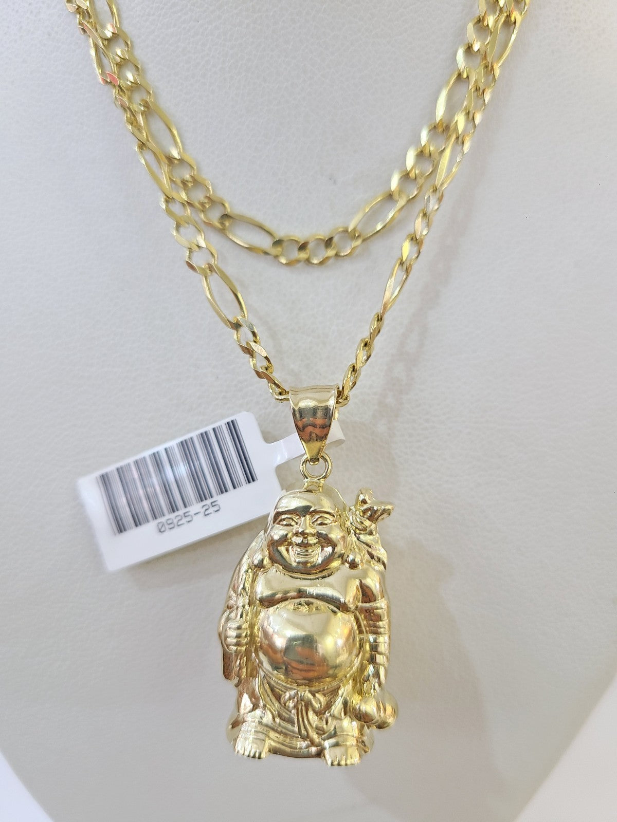 10k Figaro Chain Laughing Buddha Pendant Charm Gold 3mm 20-28 inch SET Necklace