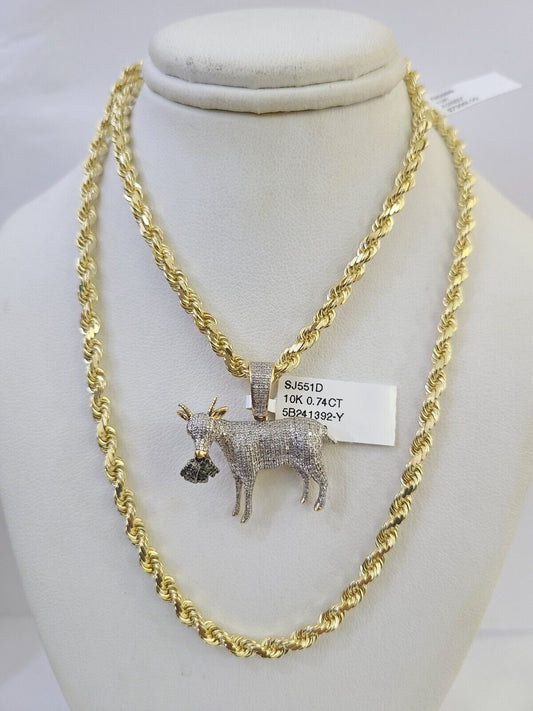 10k Solid Rope Chain Goat Charm Diamond Set 4mm 20"-28" Necklace Gold Yellow