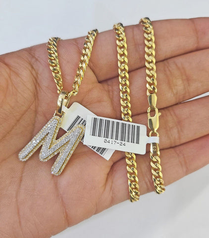 10k Miami Cuban Chain M Diamond Charm Set 4mm 18-26"Yellow Gold Necklace Pendant