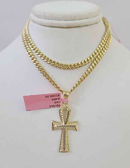 Real 14k Chain Cross Charm Set Miami Cuban Link 4mm Necklace Pendant Yellow Gold