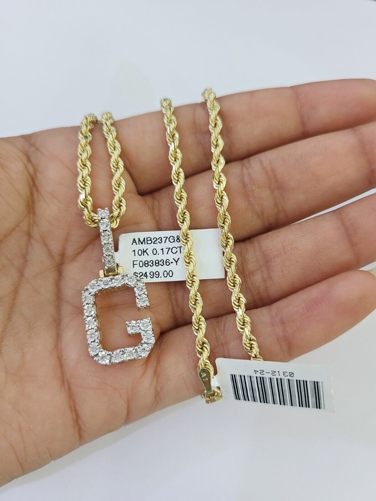 10k 3mm Rope Solid Chain G Diamond Pendant Alphabet 18"-28" Gold Charm Necklace