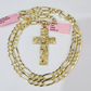 14k Solid Figaro Chain Nugget Jesus Cross Pendant Gold 4mm 18"-28" SET Necklace