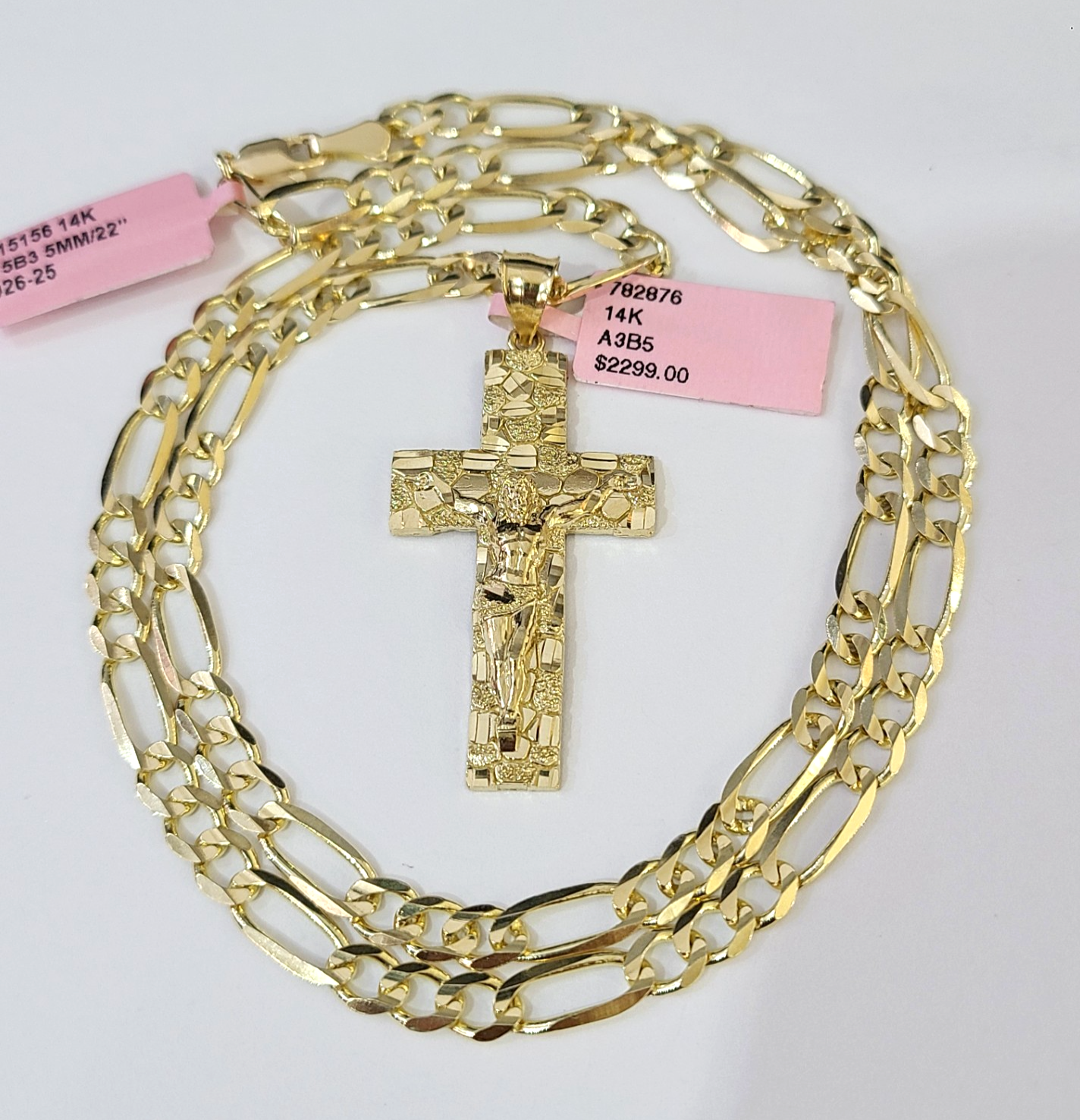 14k Solid Figaro Chain Nugget Jesus Cross Pendant Gold 4mm 18"-28" SET Necklace