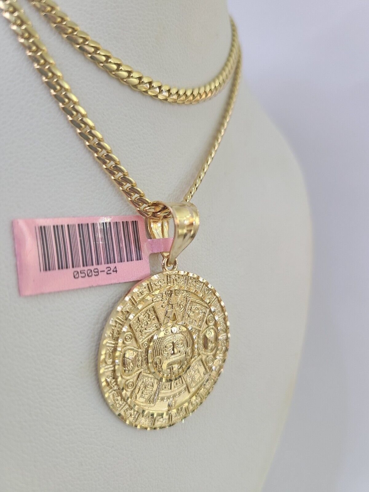 Real 14k Solid Chain Mayan Calendar Charm Set Miami Cuban 3mm Necklace Pendant