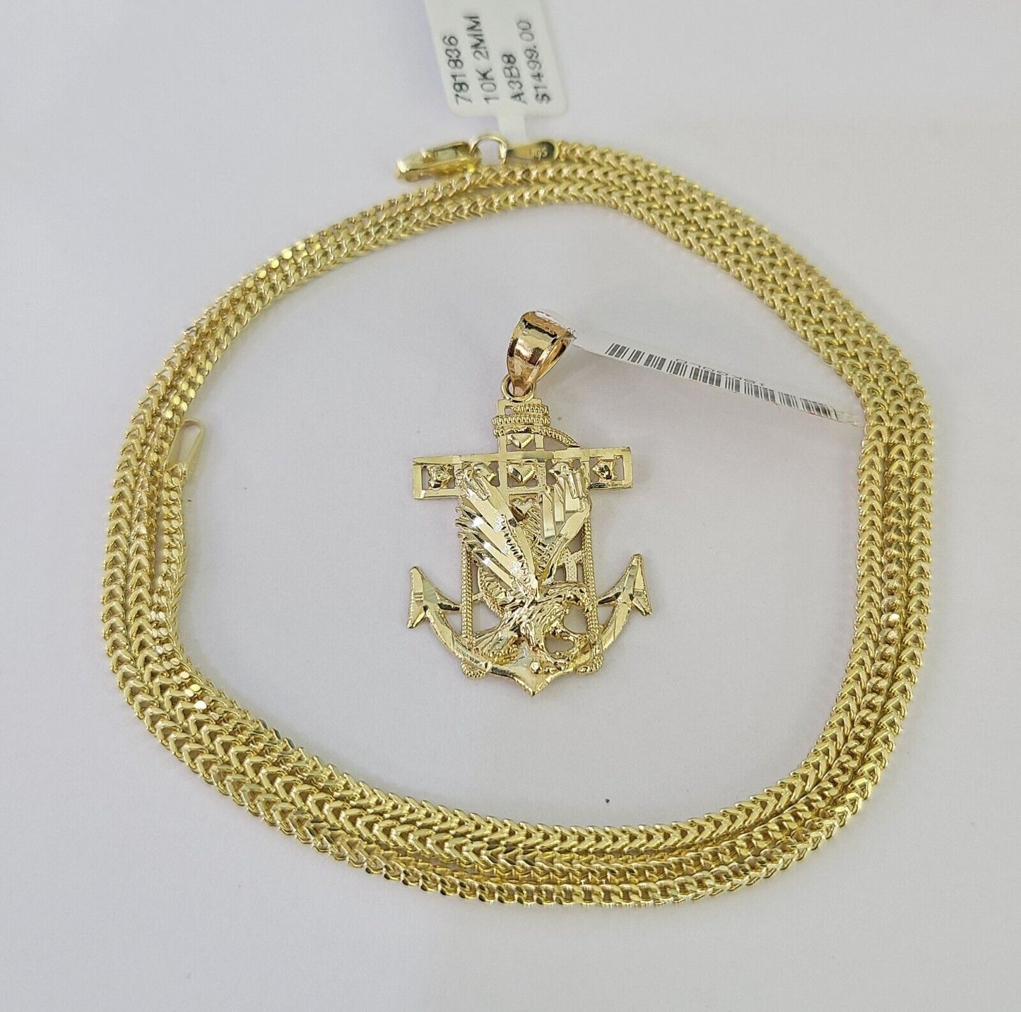 10K Franco Chain Eagle Anchor Pendant Charm Necklace 16"-24" 2mm Gold SET Yellow