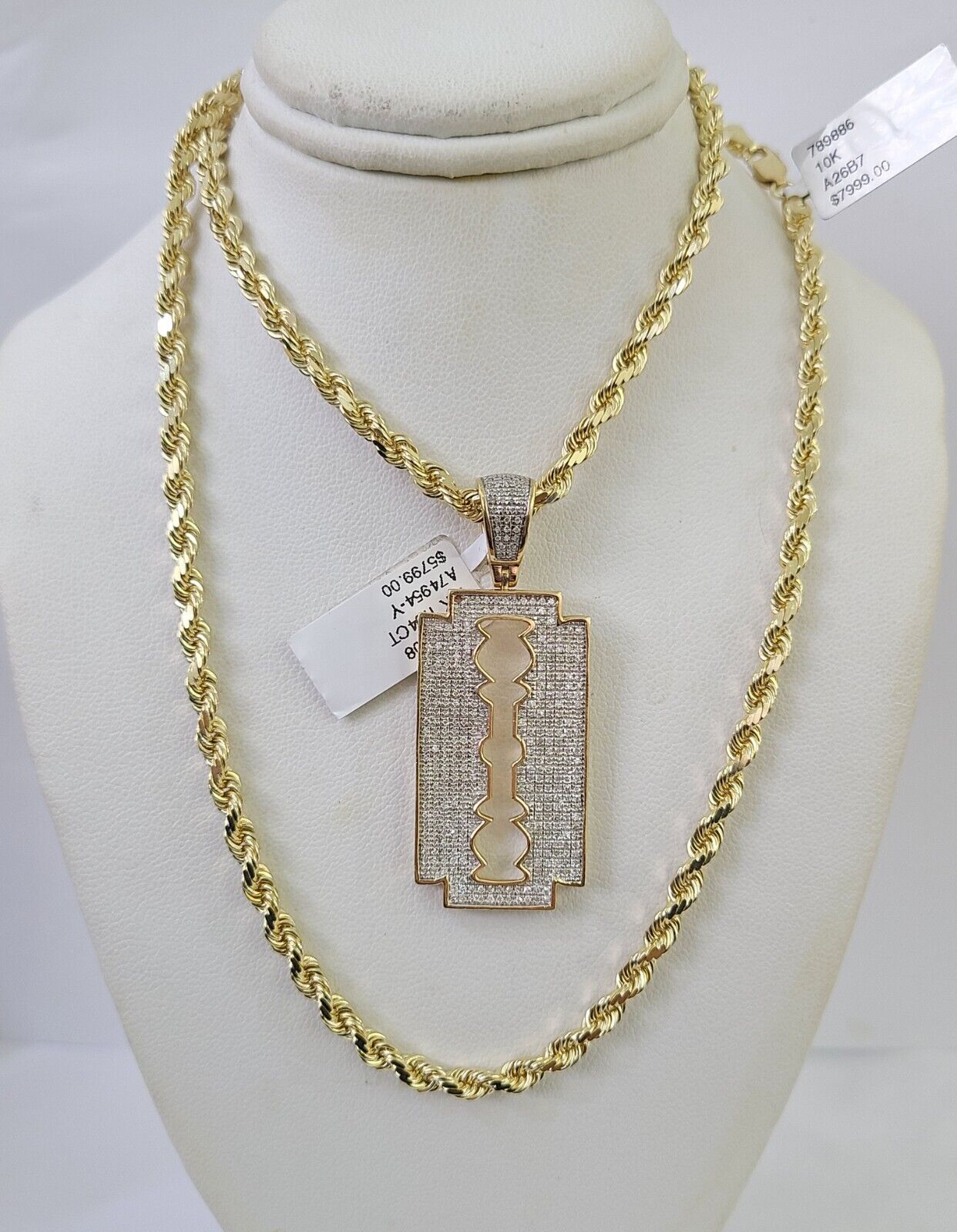 10k Solid Rope Chain Razor Blade Charm Diamond Set 4mm 20"-28" Necklace Gold