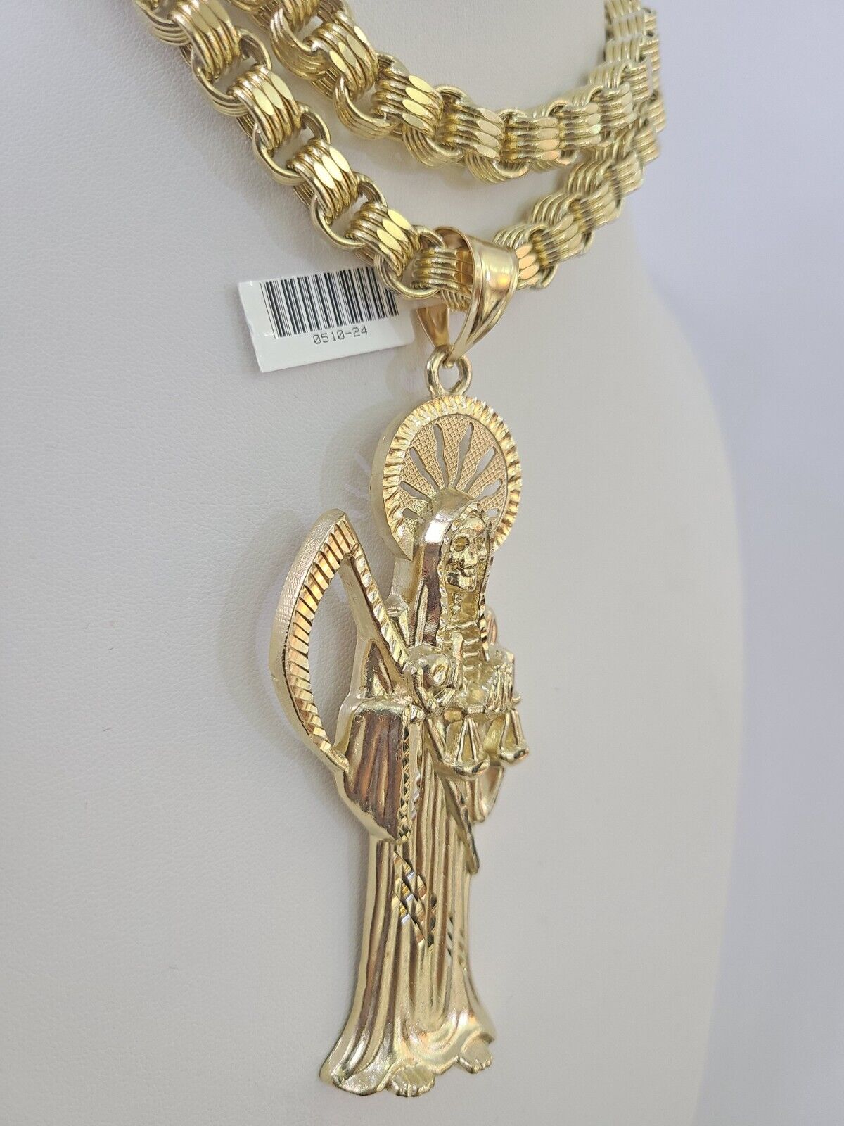 10k Gold Byzantine Necklace Reaper Charm 20-30 inches 9mm REAL SET Chain