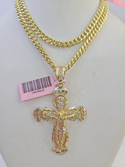 Real 14k Chain Cross Charm Set Miami Cuban Link 5mm 18"-30" Necklace Pendant