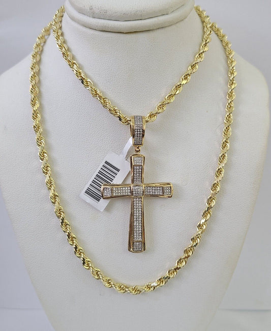 10k Solid Rope Chain Jesus Cross Charm Diamond Set 4mm 20"-28" Necklace Gold