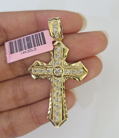 14k Jesus Christ CZ Cross Charm Pendant 2" Yellow Gold REAL Genuine Diamond Cuts