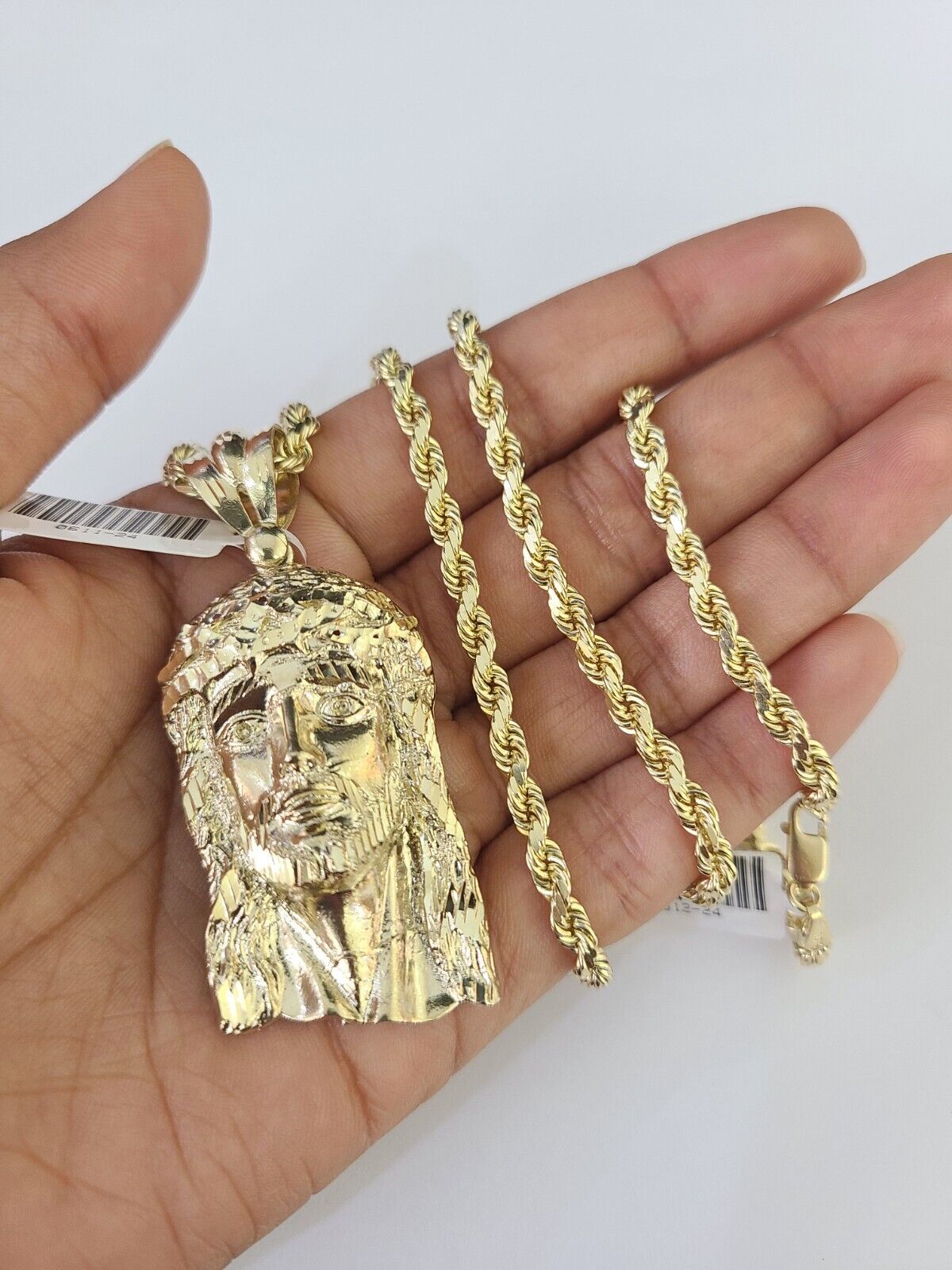 10k Solid Rope Chain Jesus Head Charm Set 4mm 20"-28" Necklace Gold Yellow