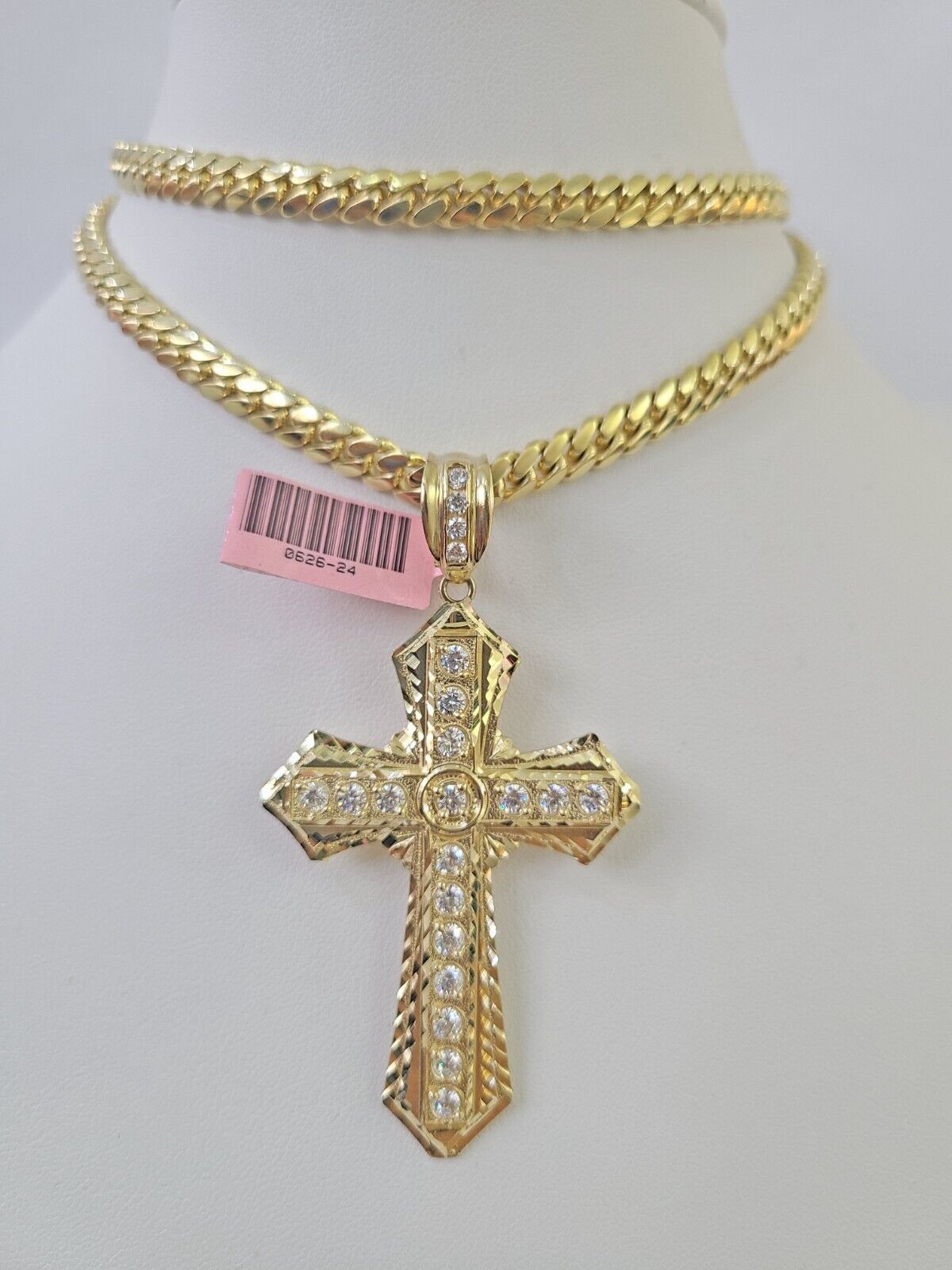 Real 14k Solid Chain Cross Charm Set Miami Cuban Link 6mm Necklace Pendant Gold