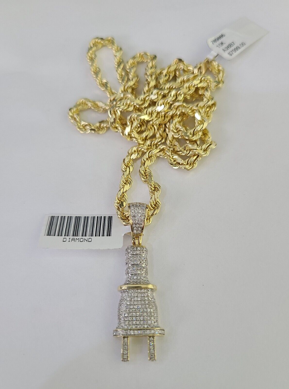 10k Solid Rope Chain Plug Socket Charm Diamond Set 4mm 20"-28" Necklace Gold