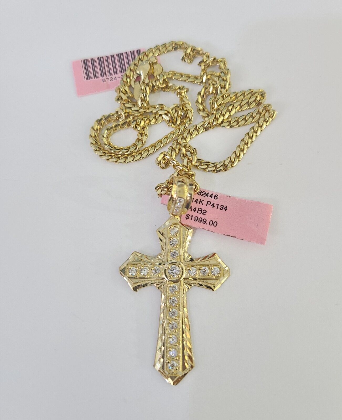 Real 14k Solid Chain Cross Charm Set Miami Cuban Link 3mm Necklace Pendant Gold