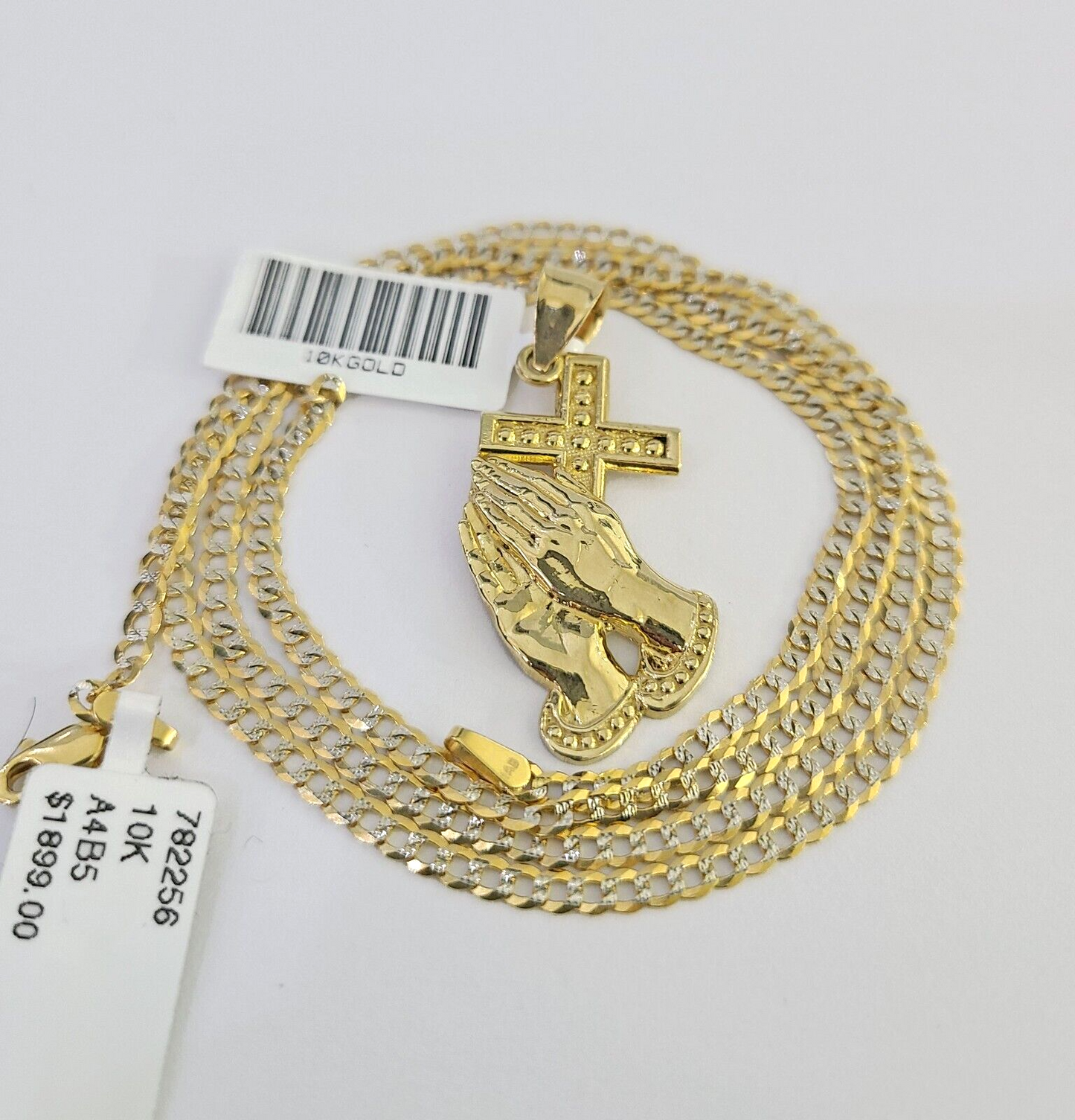 10k Solid Gold Cuban Curb Chain Praying Hands Pendant 2mm 18"-24" SET Necklace