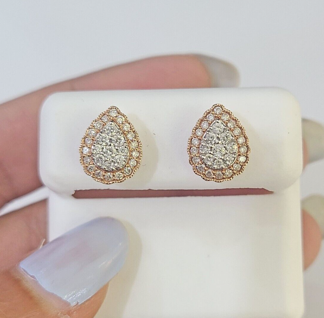 Real 10k Rose Gold Earrings Pear Shaped Diamond Screw-Back Women Men Studs