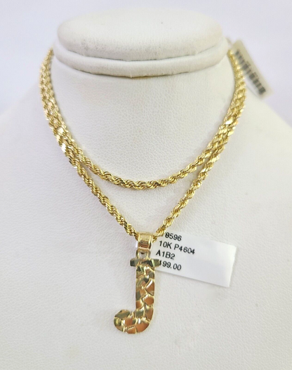 10k Gold Initial J Charm Rope Chain 16"-26" 2.5mm SET Necklace Alphabet Pendant