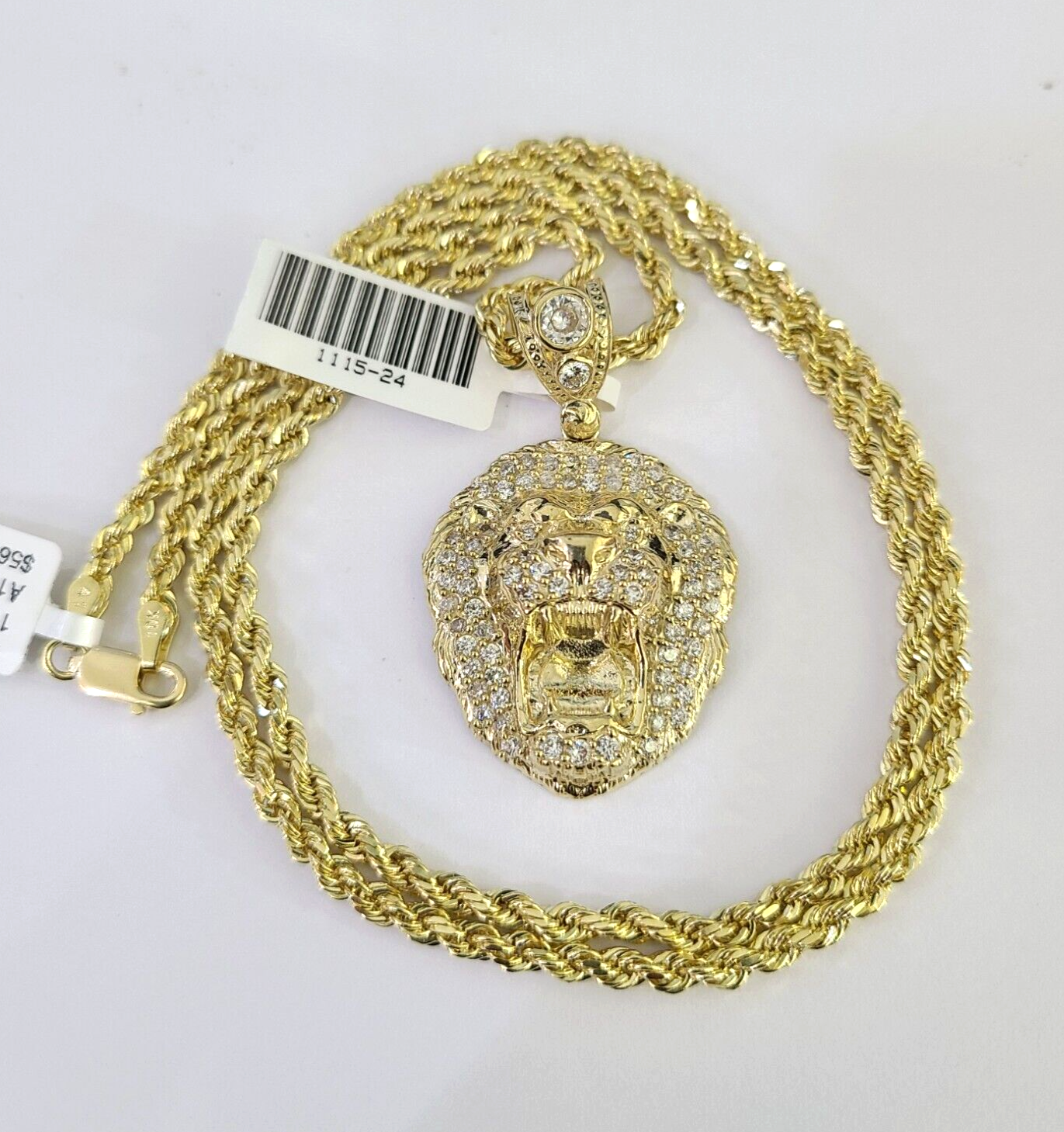 10k Solid Rope Chain 3mm Lion Head Pendant Charm Necklace SET 18-26 in