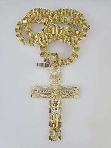 10k Gold Byzantine Necklace Jesus Cross Charm 20-30 inches 9mm REAL SET Chain