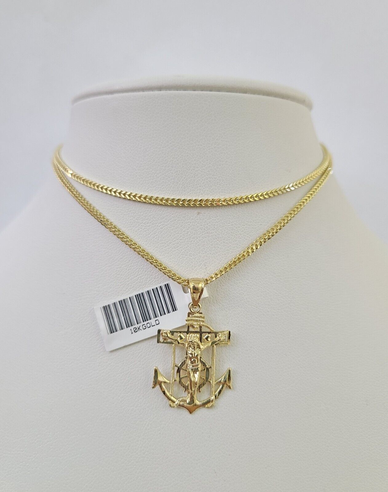 10K Franco Chain Jesus Anchor Pendant Charm Necklace 16"-24" 2mm Yellow Gold SET