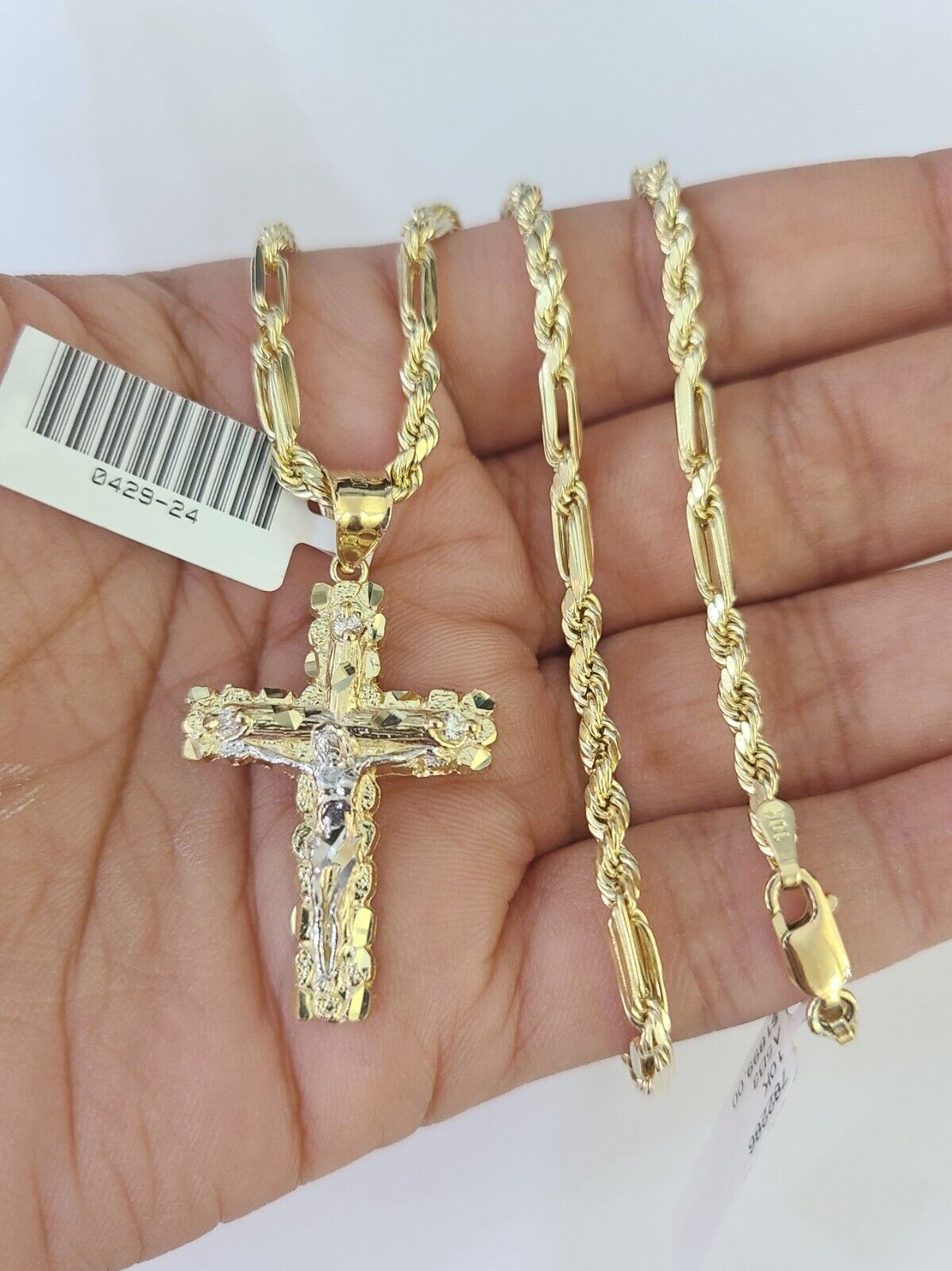 10k Milano Rope Chain Nugget Cross Charm Necklace SET 3mm 18" 20" 22" 24 Pendent