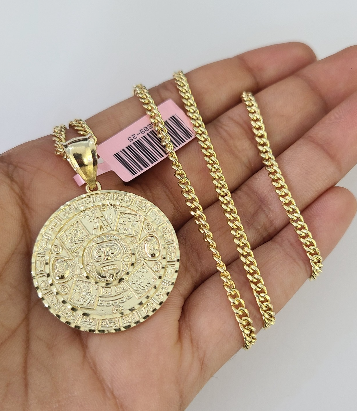 14k Miami Cuban Chain Mayan Calendar Charm Pendant 3mm 18"24" inch SET Necklace