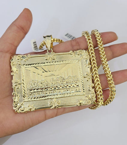 10K Franco Chain Last Supper Pendant Charm Necklace 20"-26" 5mm Yellow Gold SET