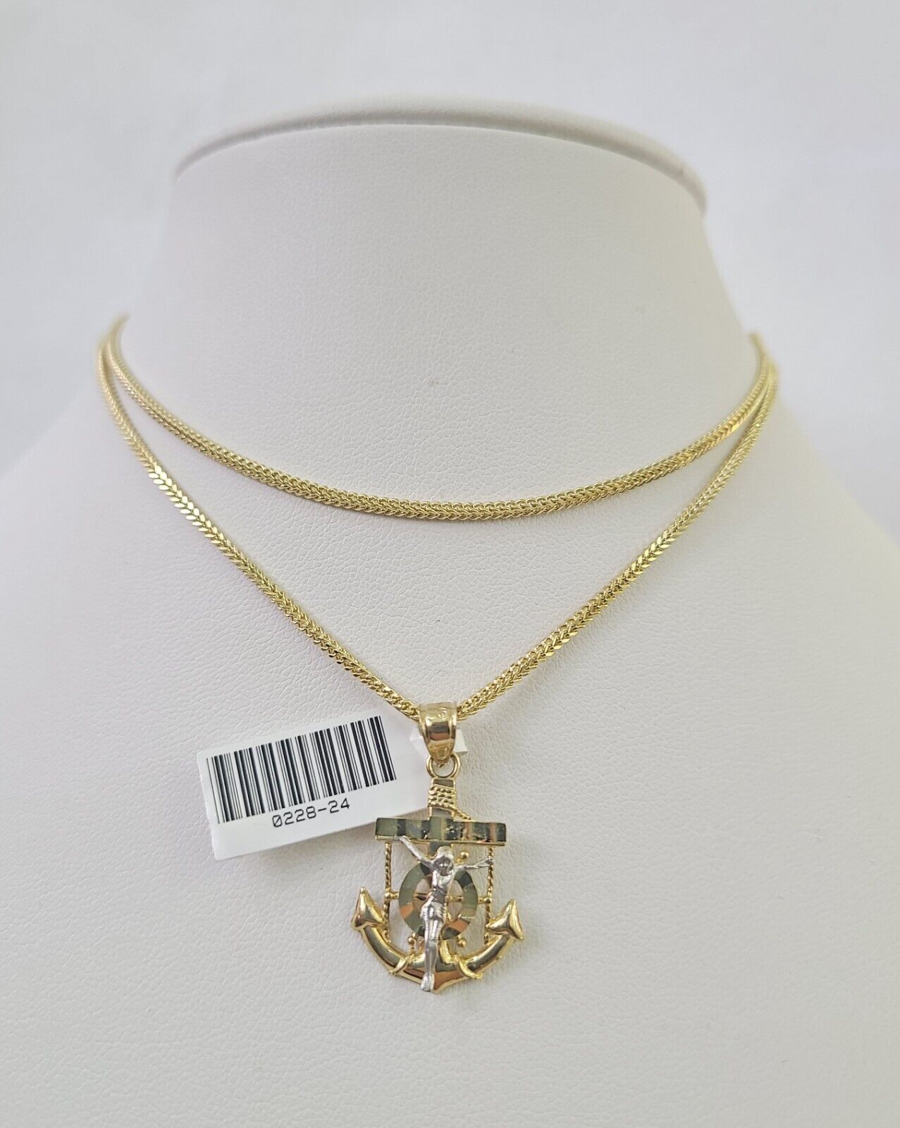 10K Solid Franco Chain Jesus Anchor Pendant Charm Necklace 18"-24" 1mm Gold