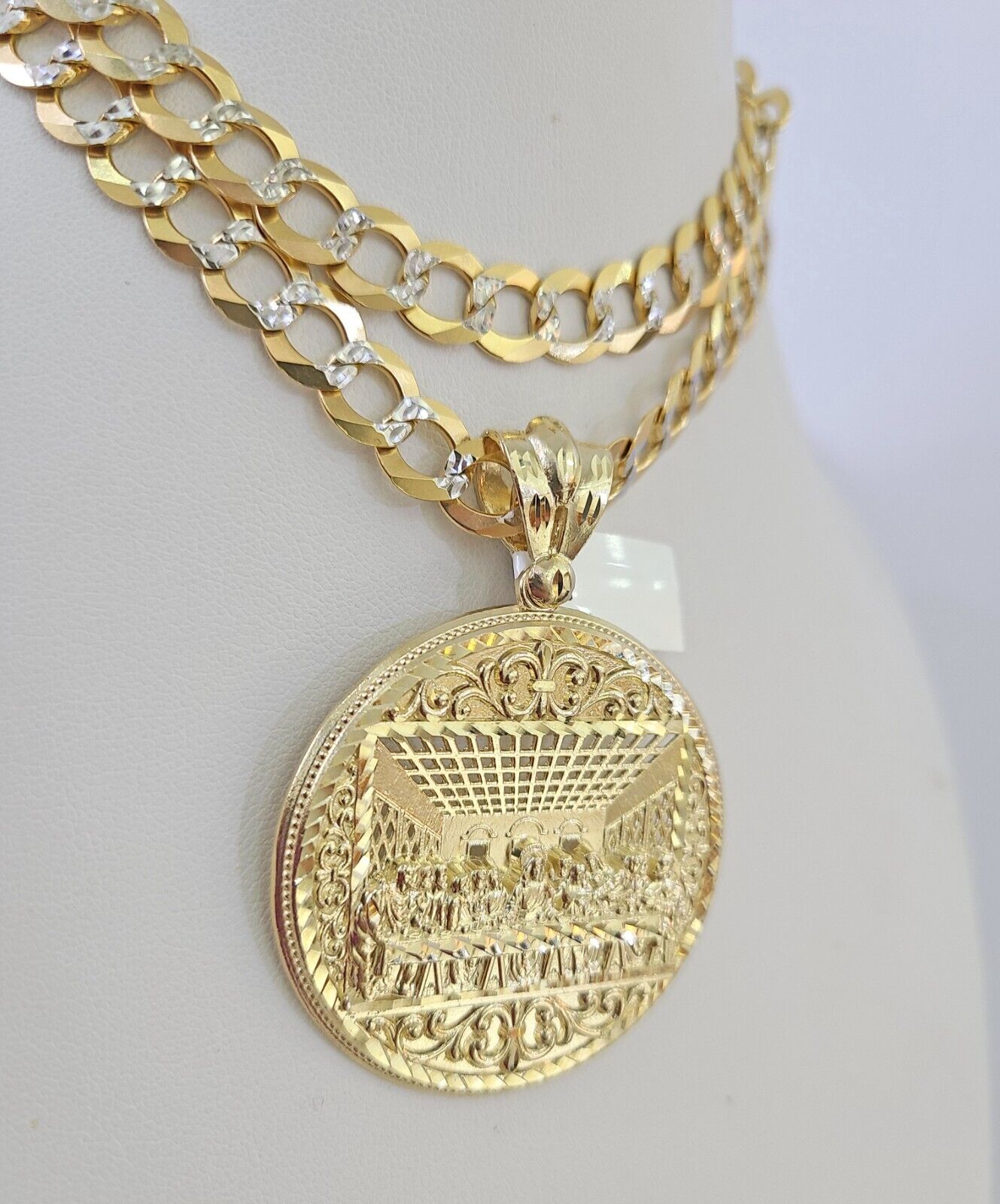 10k Gold Chain Last Supper Charm Solid Cuban Curb Necklace 9mm 20"-30" SET