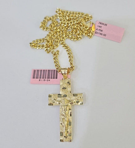 Real 10k Yellow Gold Chain Cross Charm Set Miami Cuban Link 4mm Necklace Pendant