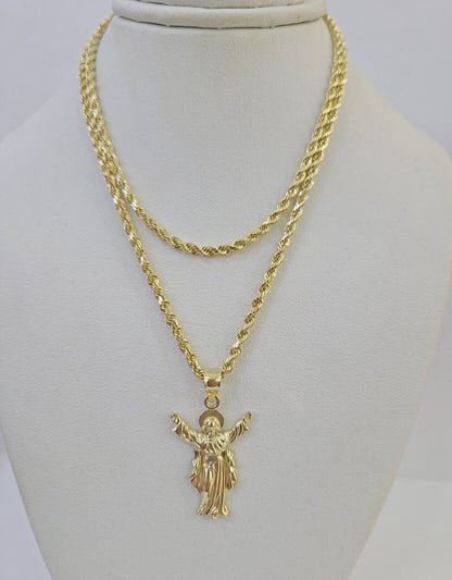 10k 3mm Rope Chain Jesus Full Body Pendant 18"-30" Gold Set Charm Necklace