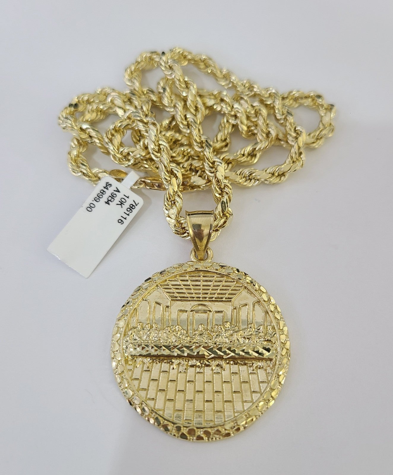 Real 10k Gold Rope Chain Last Supper Nugget Pendant Set 4mm 18"-28"