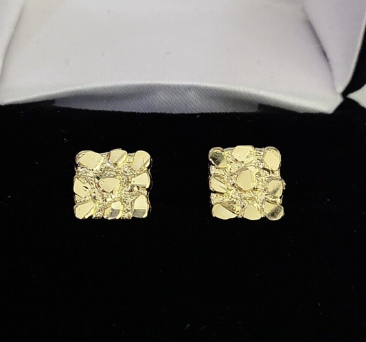 Square 10k Nugget Earrings Yellow Gold Push Back Hoop Real Men Women