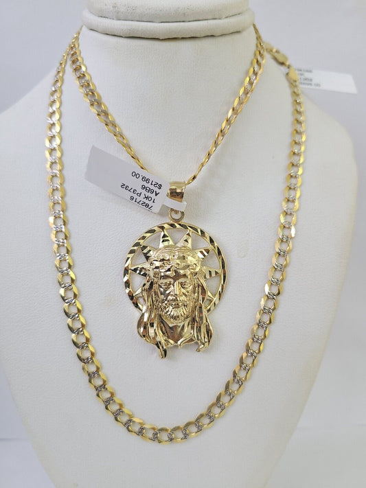 10k Gold Chain Jesus Head Charm Solid Cuban Curb Link 5mm 18"-28" Inch SET