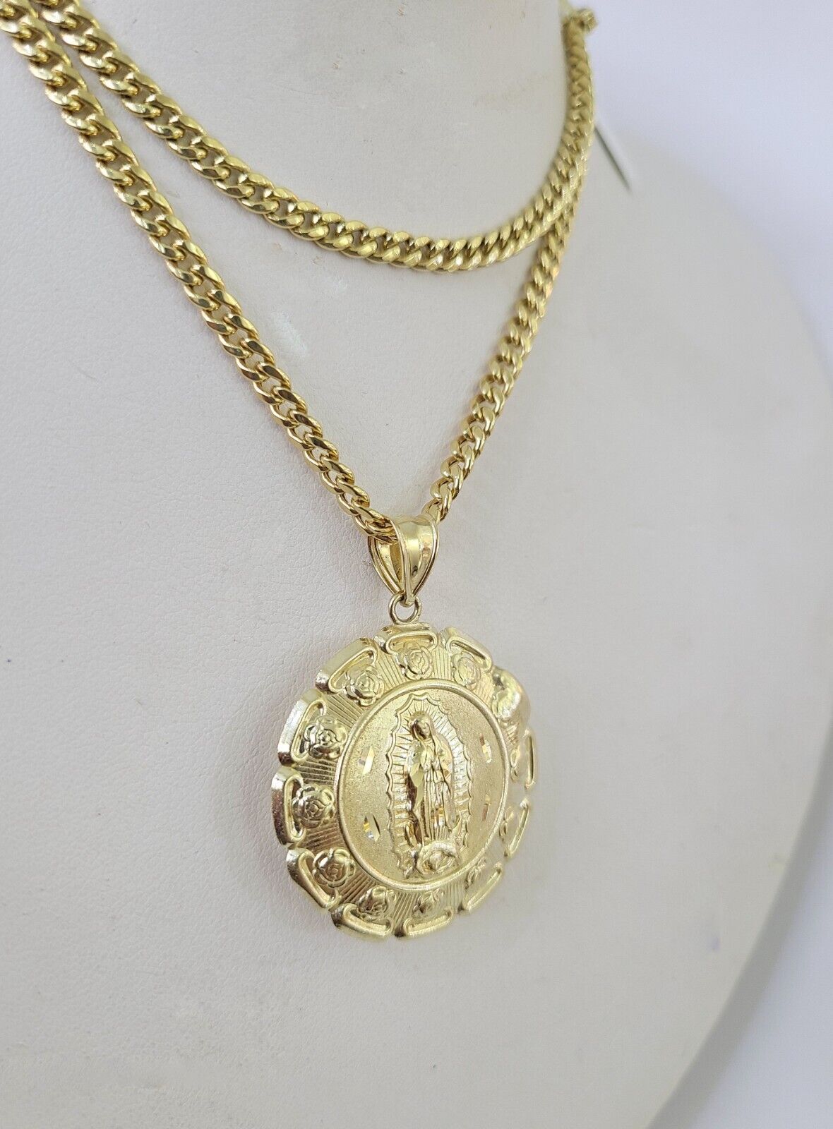 10k Cuban Chain Jesus Virgin Mary Charm Two-Sided Set 4mm 18"-28" Necklace Gold