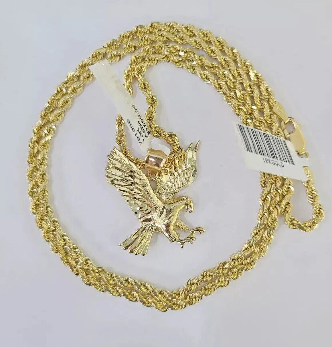 Real 10k Solid Rope Chain Flying Eagle Charm Pendant SET Necklace 3mm 20-30 Inch