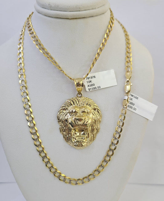 10k Gold Chain Roaring Lion Charm Solid Cuban Curb 5mm 18"-28" Inch SET Necklace