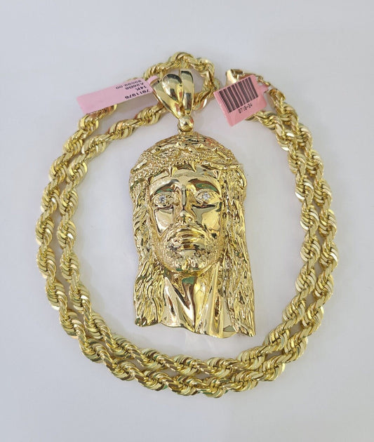 Real 14k Solid Rope Chain Jesus Head Charm Set 6mm 18"-30" Necklace Gold