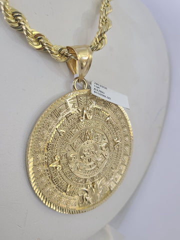 10k Solid Rope Chain Mayan Calendar Pendant Necklace 7mm 20"-30" SET Charm