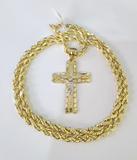 Real 10k Rope Chain Jesus Cross Charm Necklace Pendant Set 5mm 18"-28" Gold