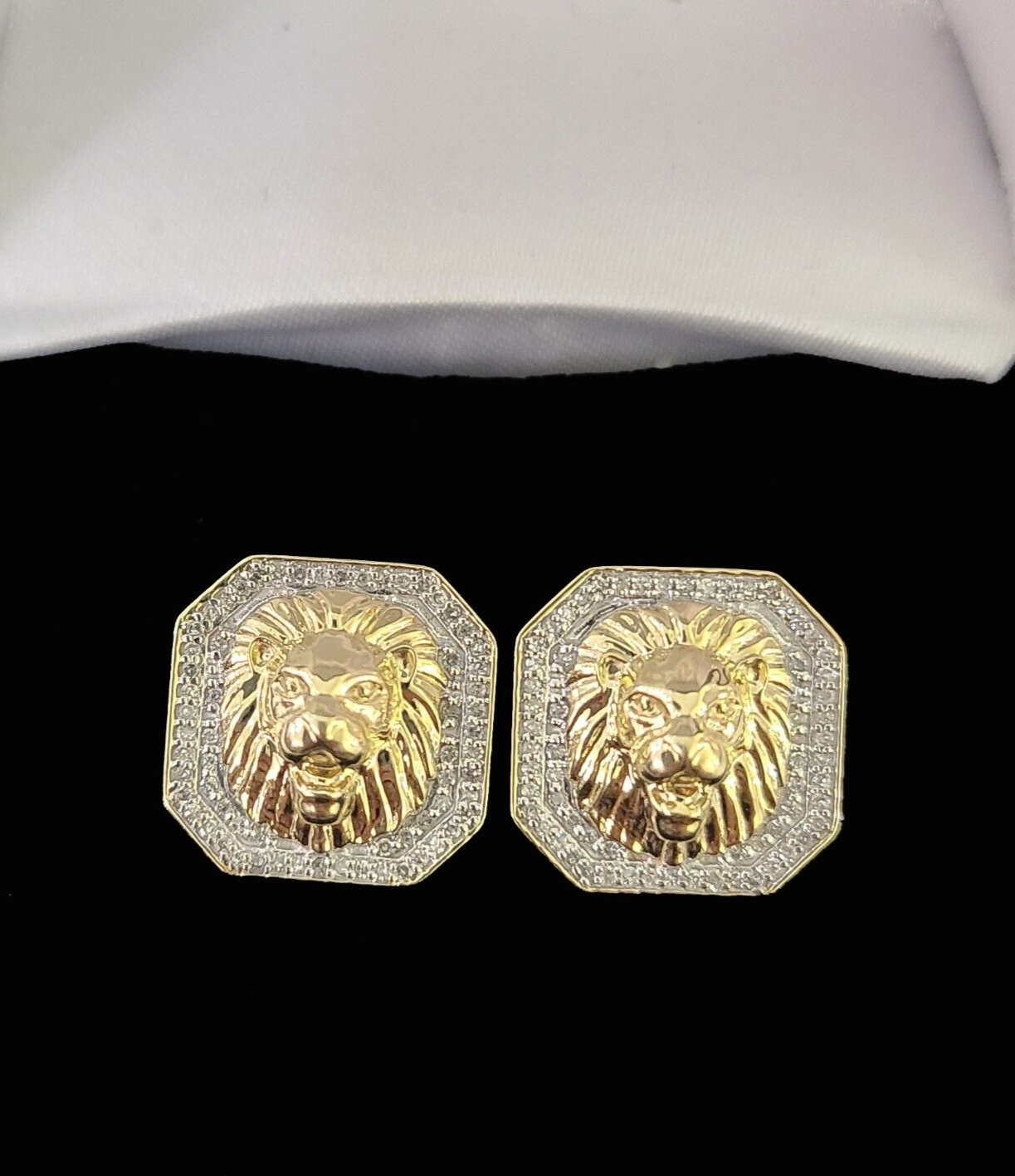 10k Diamond Lion Earrings Yellow gold Real Screw-Back Women Men studs