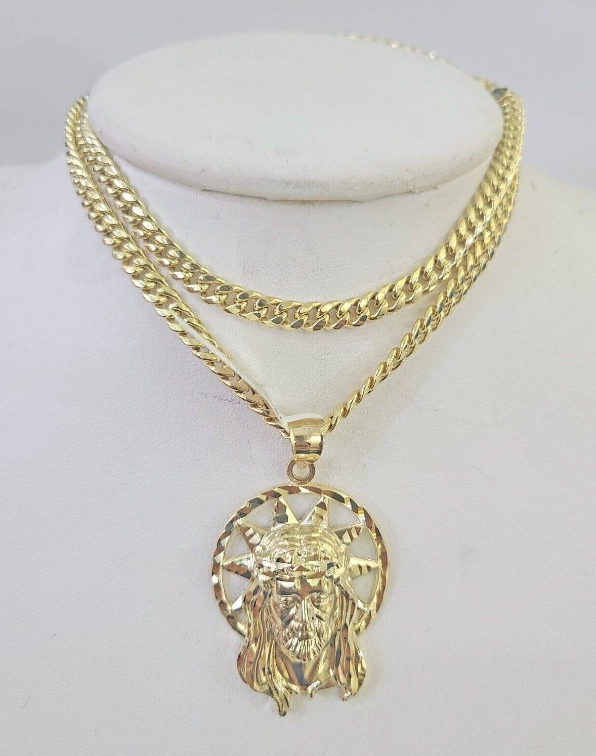 10k Jesus Head Charm Miami Cuban Chain Pendant Set 5mm Necklace Yellow Gold