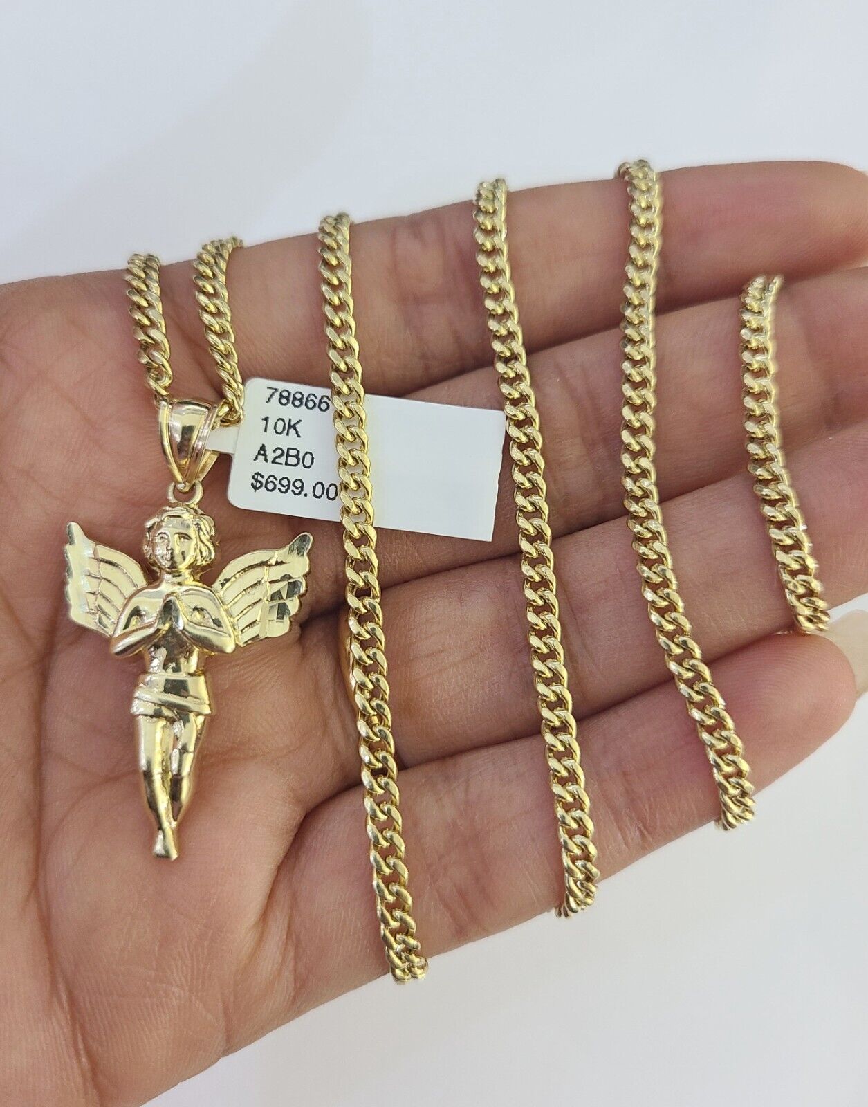 10K Gold Miami Cuban Chain Praying Angel Charm 18"-30" 3mm REAL Pendant