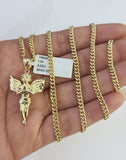 10K Gold Miami Cuban Chain Praying Angel Charm 18"-30" 3mm REAL Pendant