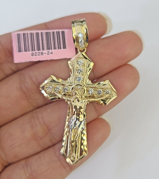 14k Jesus Christ CZ Cross Charm Pendant Yellow Gold REAL Genuine