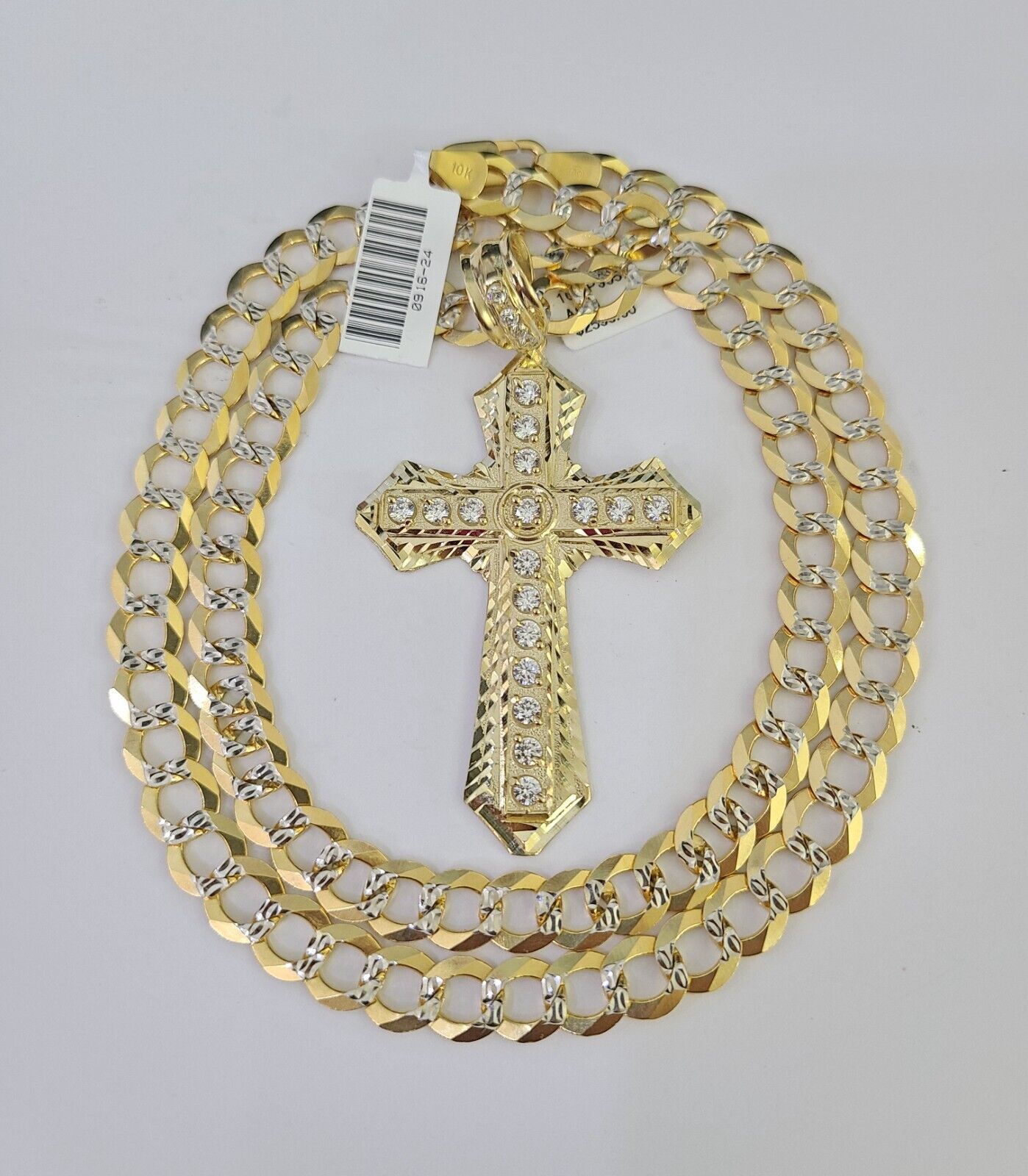 10k Gold Chain Cross Charm Solid Cuban Curb Necklace 9mm 20"-30" Diamond Cut SET