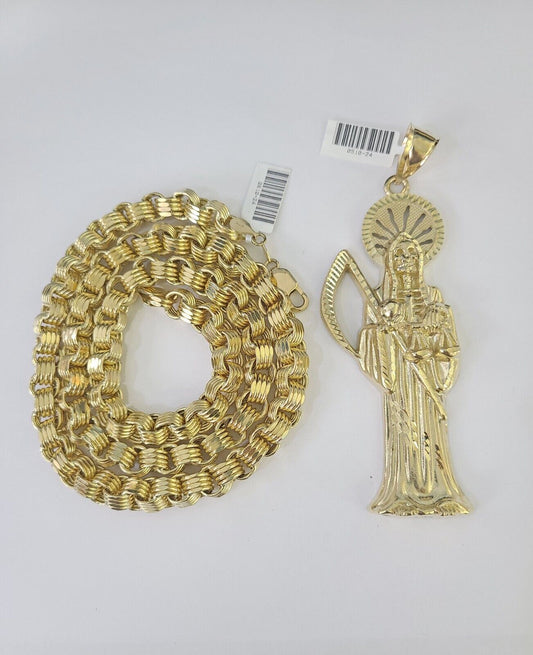 10k Gold Byzantine Necklace Reaper Charm 20-30 inches 9mm REAL SET Chain