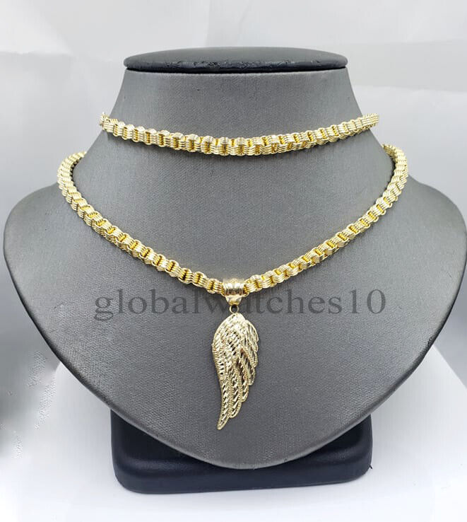 10k Yellow Gold Angel Wing Pendant Charm 10k Solid Rope palm Byzantine chain Set