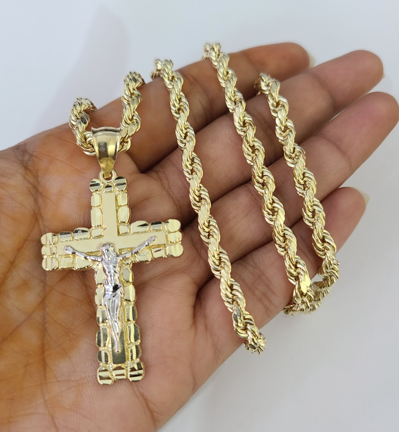 Real 10k Rope Chain Jesus Cross Charm Necklace Pendant Set 4mm 18"-28" Gold